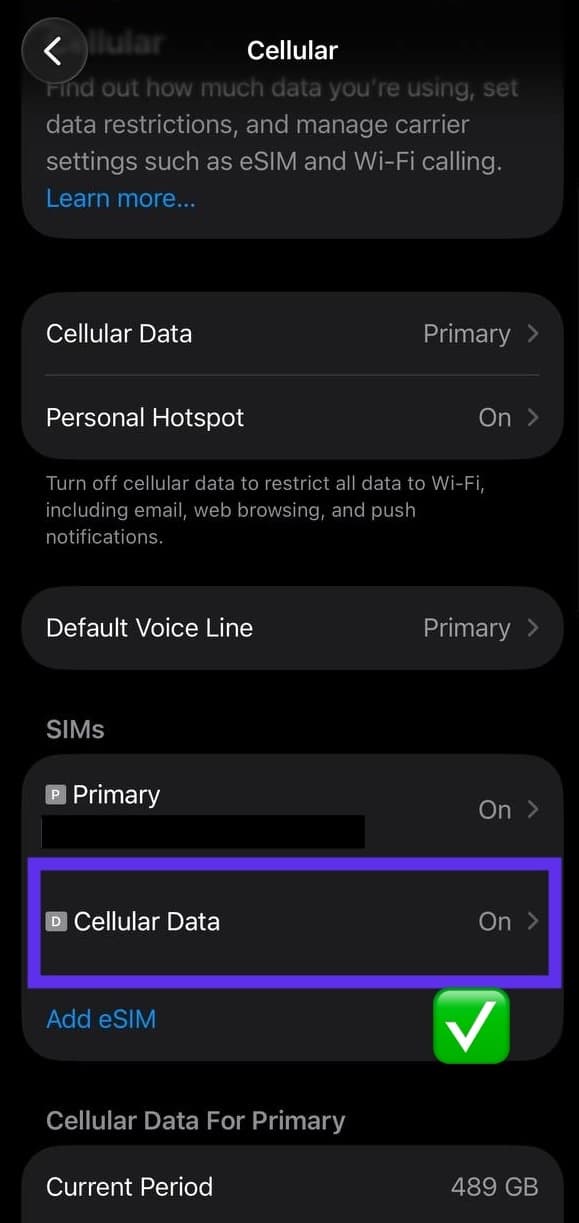 iPhone-ի Բջջային կապ էկրան՝ ցուցադրելով ակտիվ նոր eSIM տվյալների գիծը